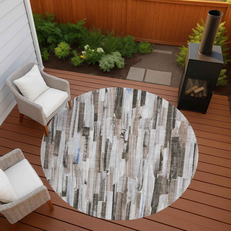 8' Khaki And Ivory Round Striped Washable Indoor Outdoor Area Rug