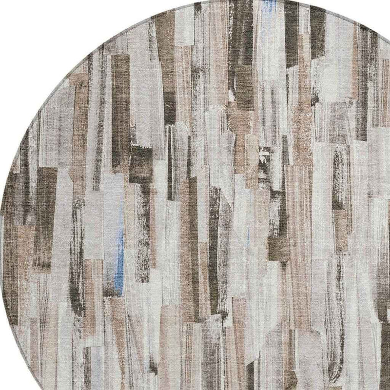 8' Khaki And Ivory Round Striped Washable Indoor Outdoor Area Rug