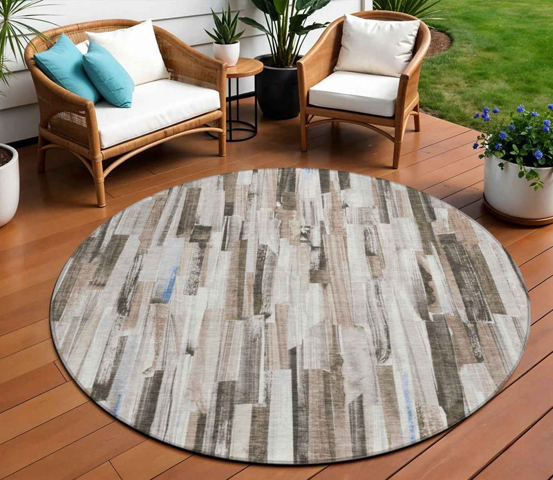 8' Khaki And Ivory Round Striped Washable Indoor Outdoor Area Rug