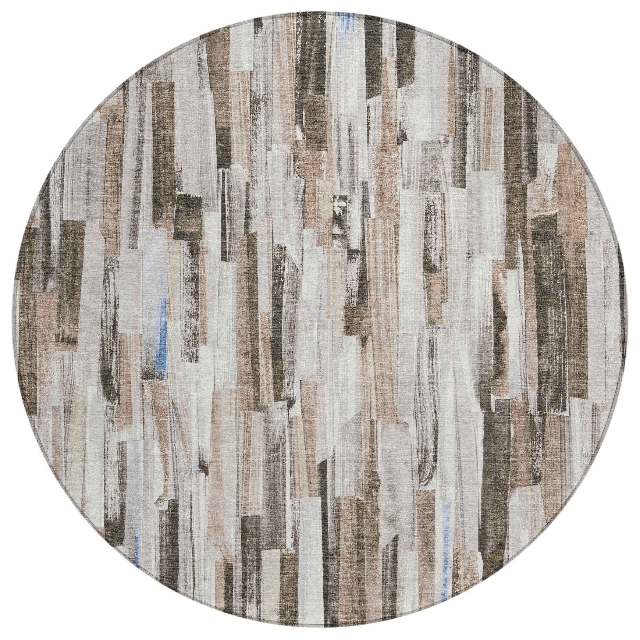 8' Khaki And Ivory Round Striped Washable Indoor Outdoor Area Rug