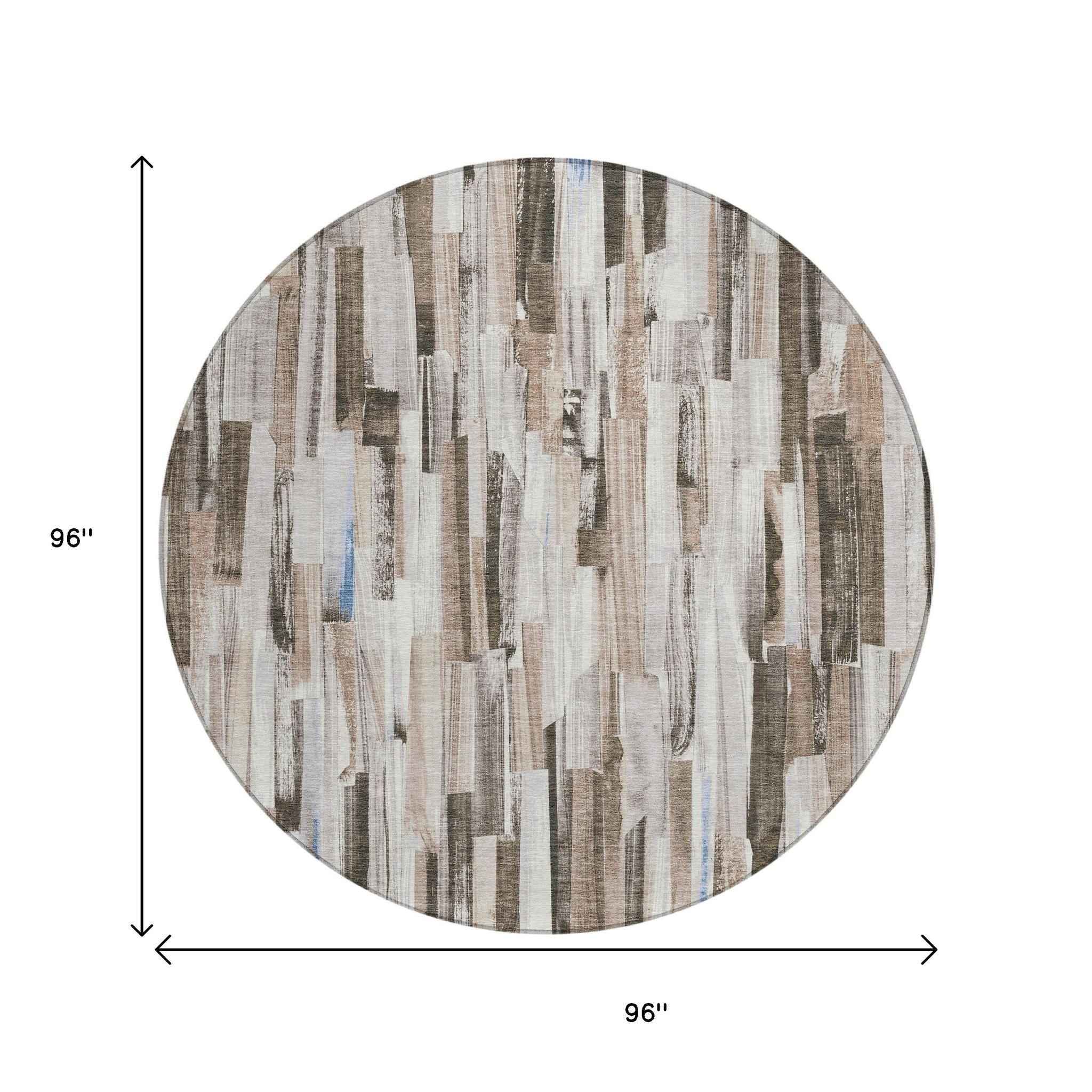 8' Khaki And Ivory Round Striped Washable Indoor Outdoor Area Rug