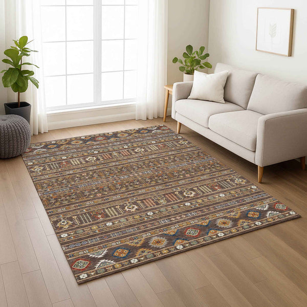 3' X 5' Chocolate Blue And Copper Tribal Washable Indoor Outdoor Area Rug