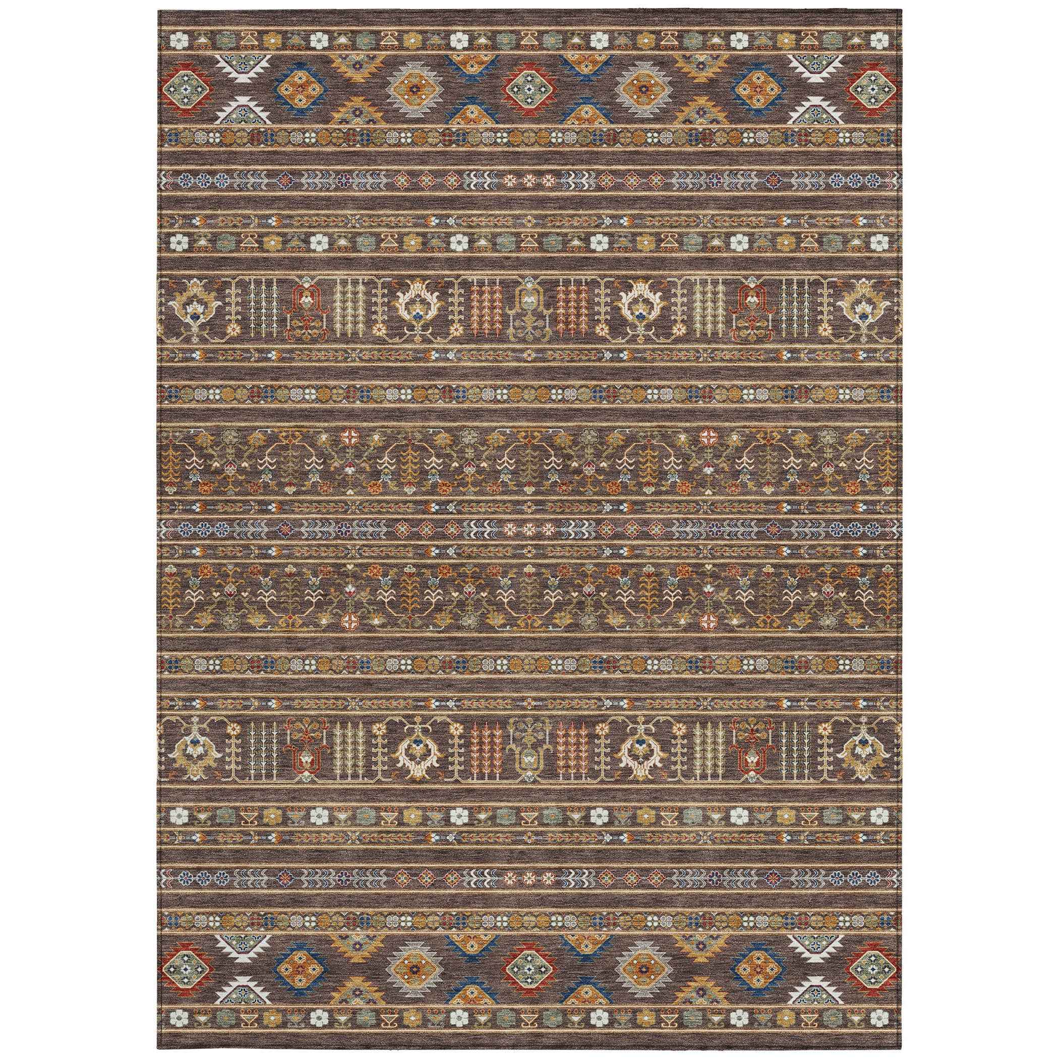 3' X 5' Chocolate Blue And Copper Tribal Washable Indoor Outdoor Area Rug