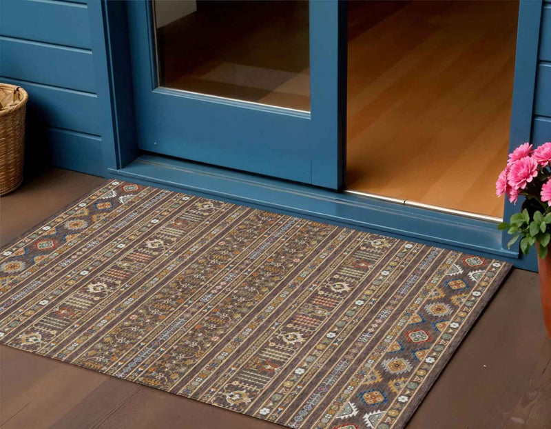 3' X 5' Chocolate Blue And Copper Tribal Washable Indoor Outdoor Area Rug