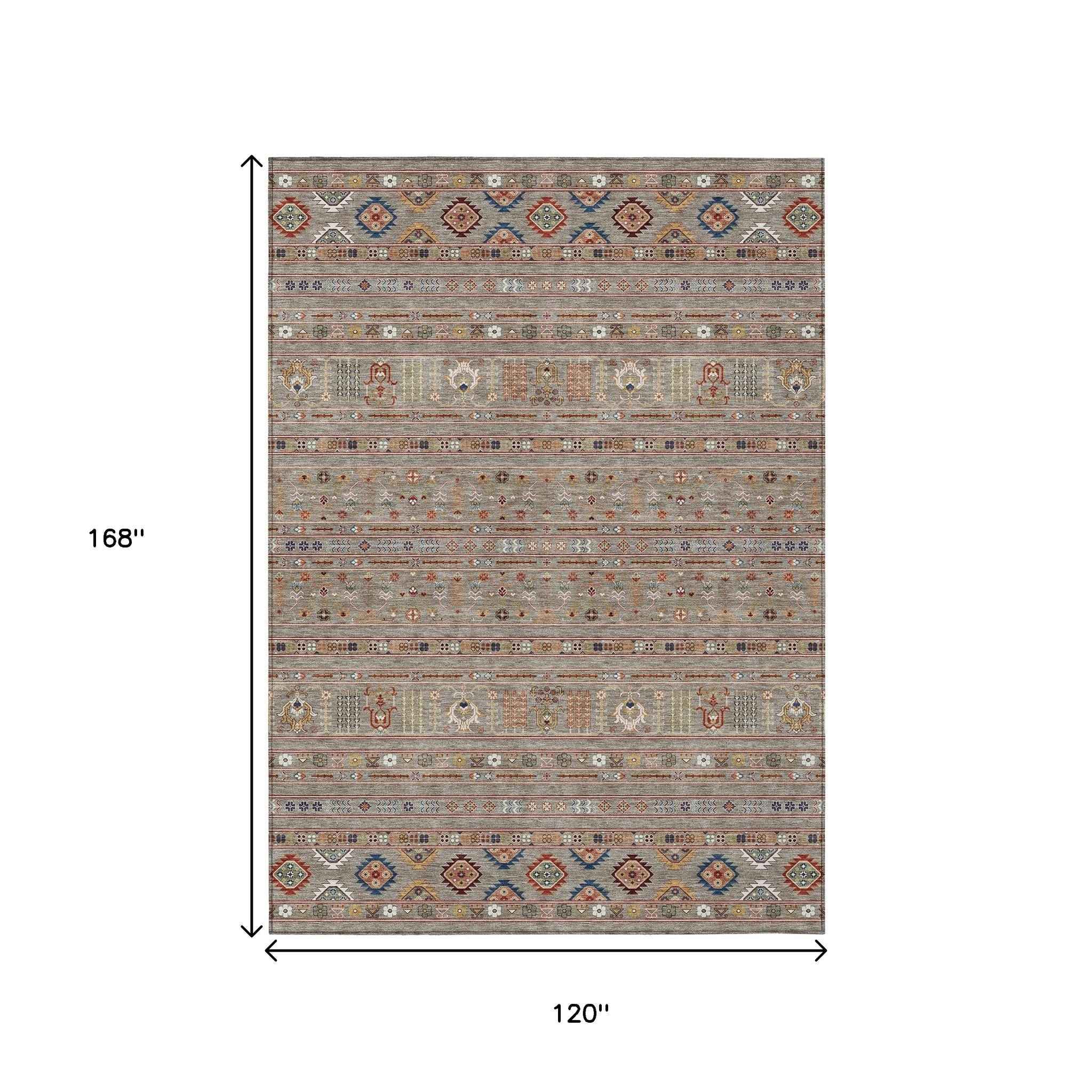 10' X 14' Taupe Blue And Copper Tribal Washable Indoor Outdoor Area Rug