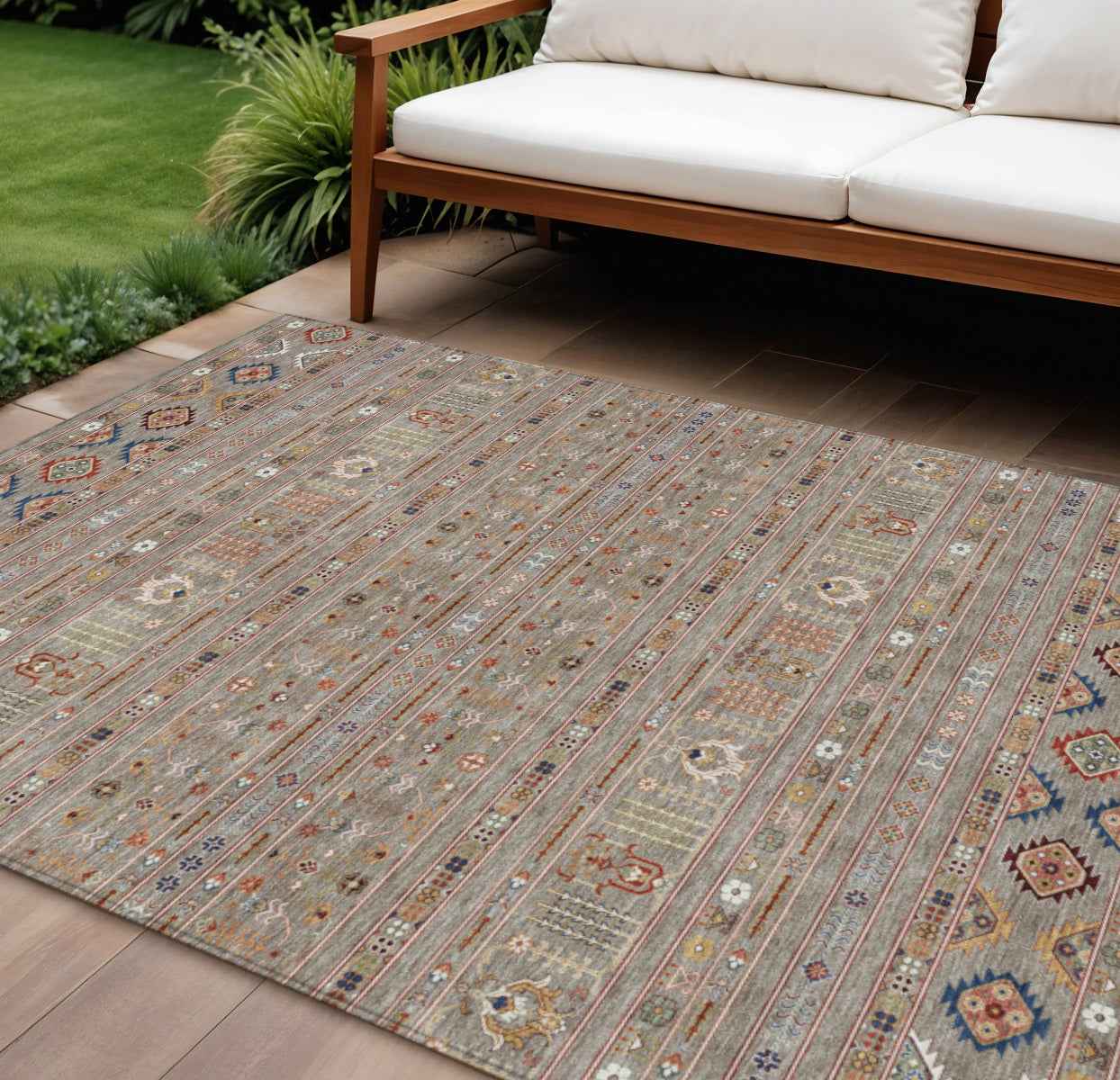 10' X 14' Taupe Blue And Copper Tribal Washable Indoor Outdoor Area Rug