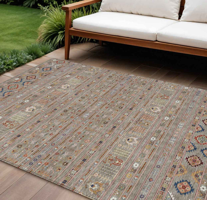 10' X 14' Taupe Blue And Copper Tribal Washable Indoor Outdoor Area Rug