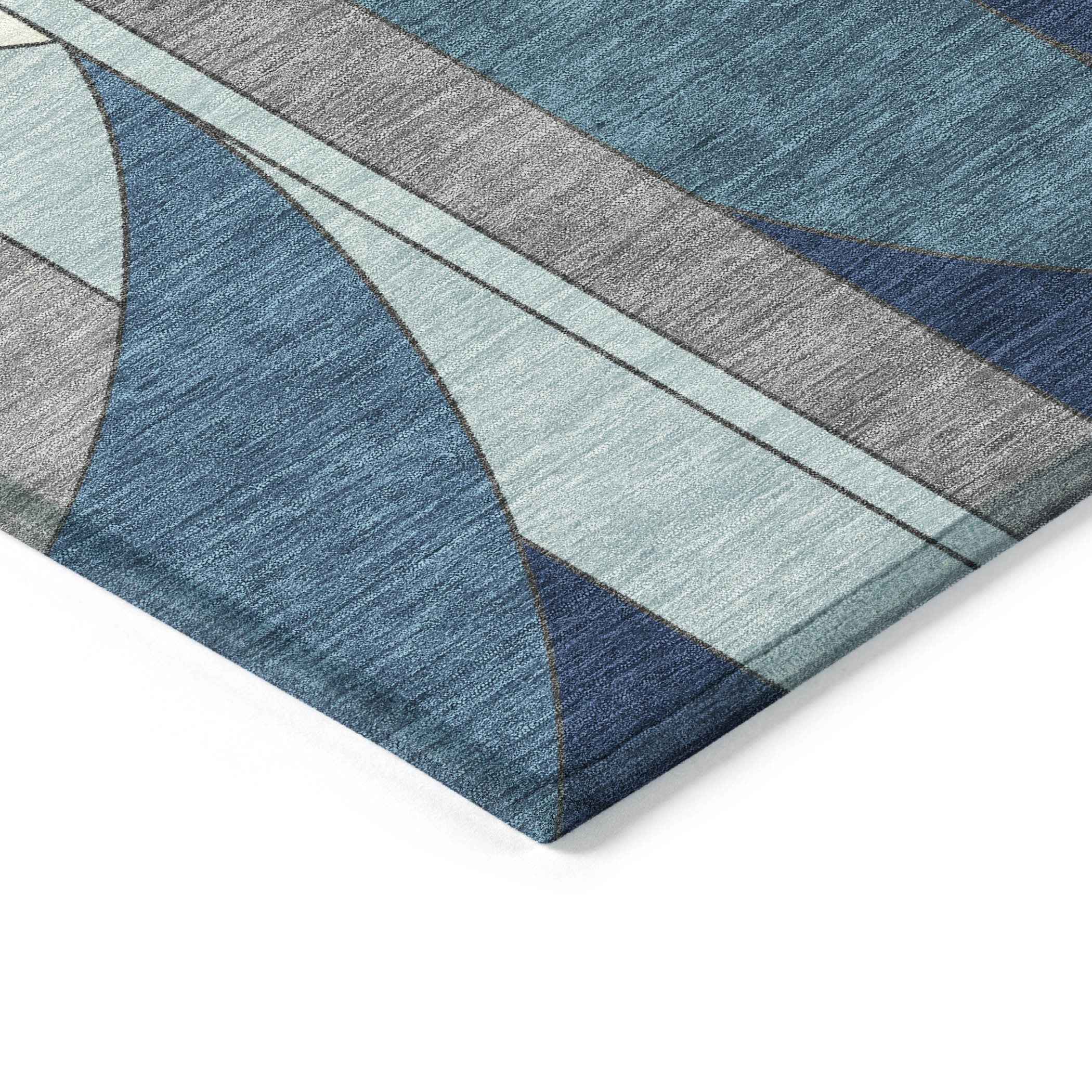 8' Blue And Ivory Round Geometric Washable Indoor Outdoor Area Rug Default Title