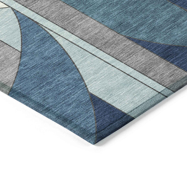 8' Blue And Ivory Round Geometric Washable Indoor Outdoor Area Rug Default Title