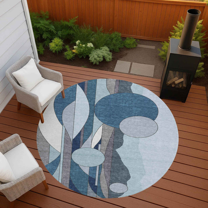 8' Blue And Ivory Round Geometric Washable Indoor Outdoor Area Rug