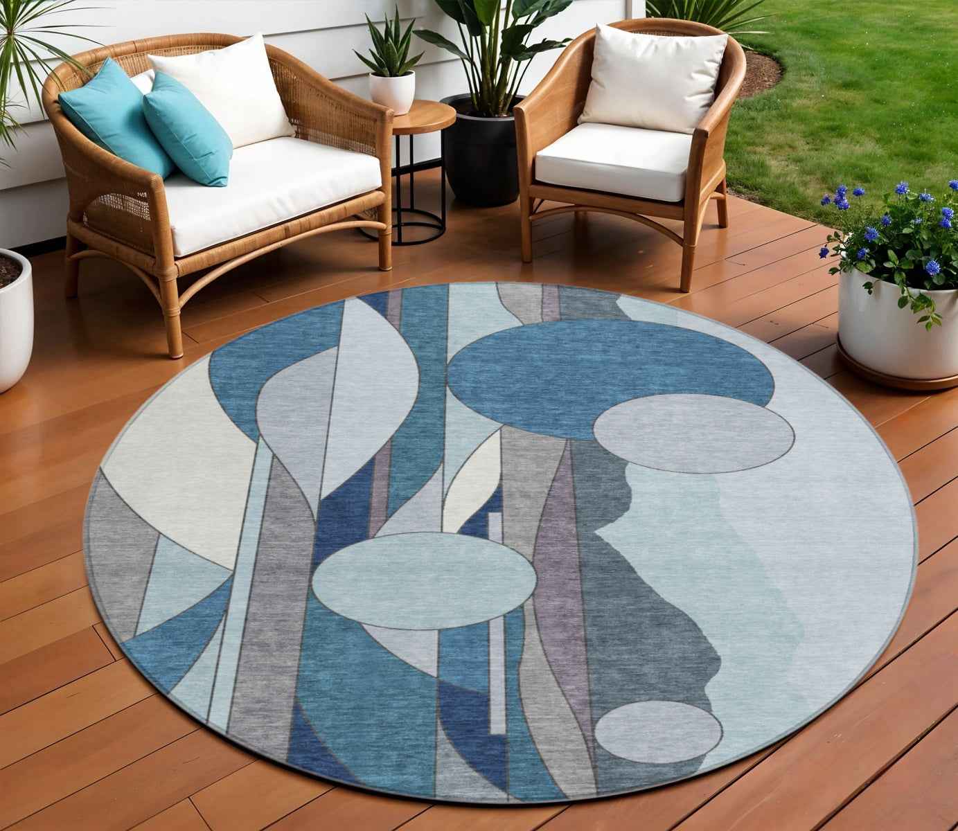 8' Blue And Ivory Round Geometric Washable Indoor Outdoor Area Rug