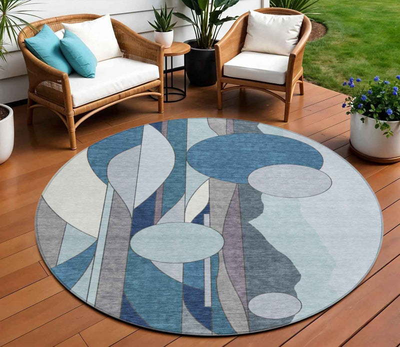 8' Blue And Ivory Round Geometric Washable Indoor Outdoor Area Rug
