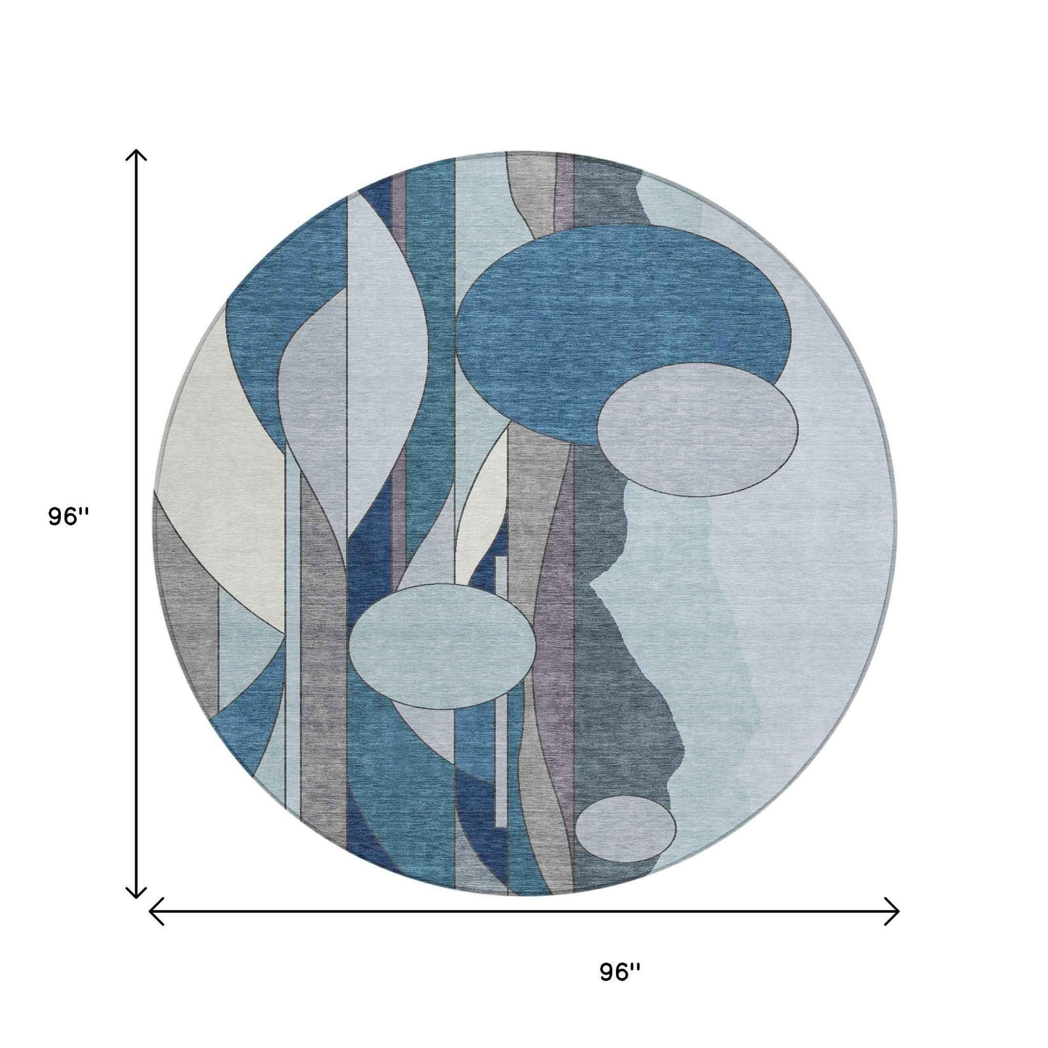 8' Blue And Ivory Round Geometric Washable Indoor Outdoor Area Rug