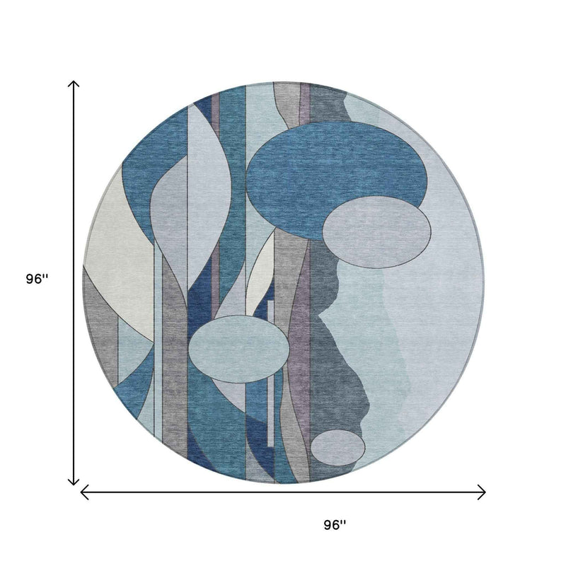 8' Blue And Ivory Round Geometric Washable Indoor Outdoor Area Rug