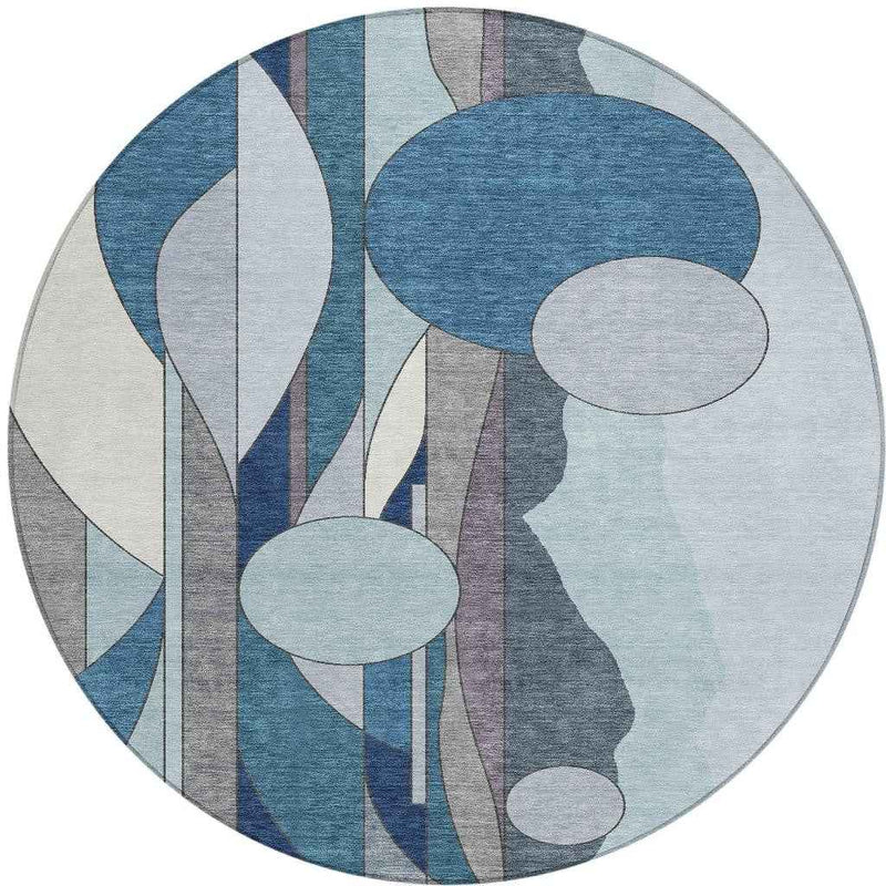 8' Blue And Ivory Round Geometric Washable Indoor Outdoor Area Rug