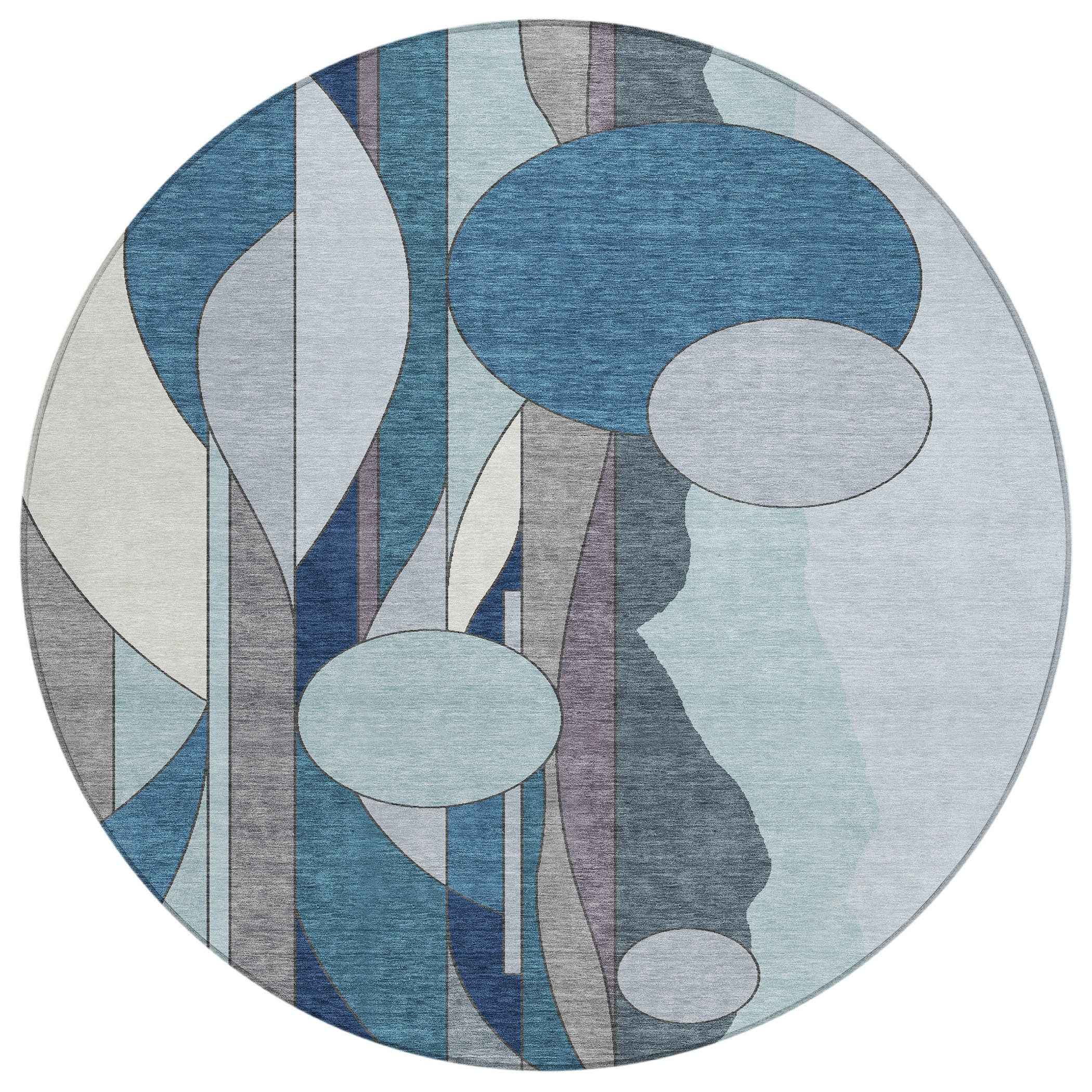 8' Blue And Ivory Round Geometric Washable Indoor Outdoor Area Rug