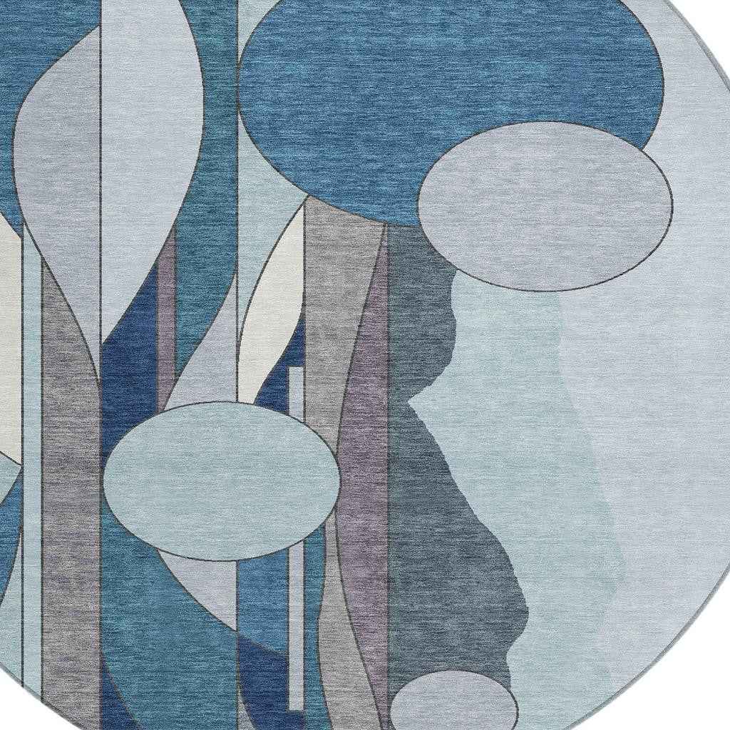 8' Blue And Ivory Round Geometric Washable Indoor Outdoor Area Rug