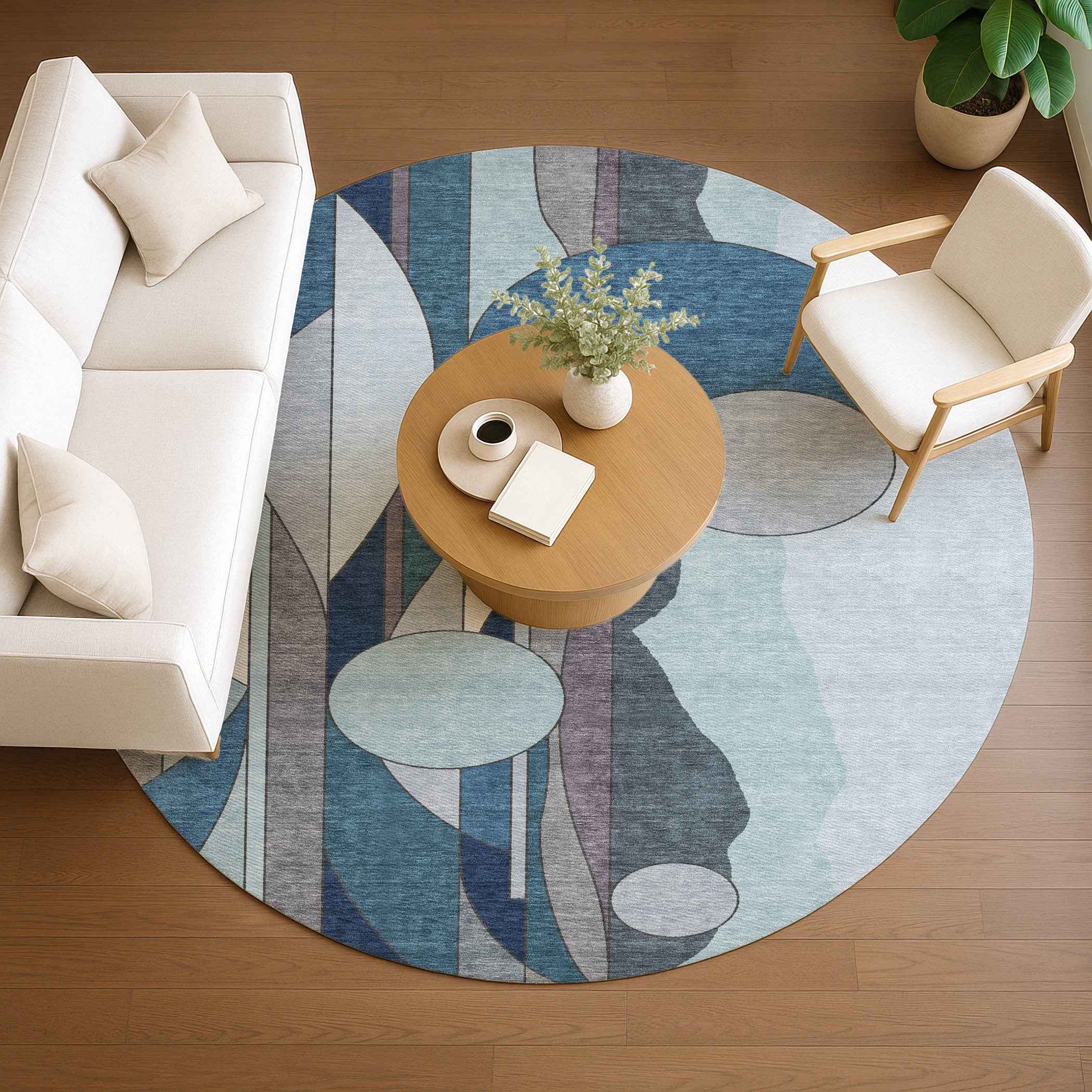 8' Blue And Ivory Round Geometric Washable Indoor Outdoor Area Rug