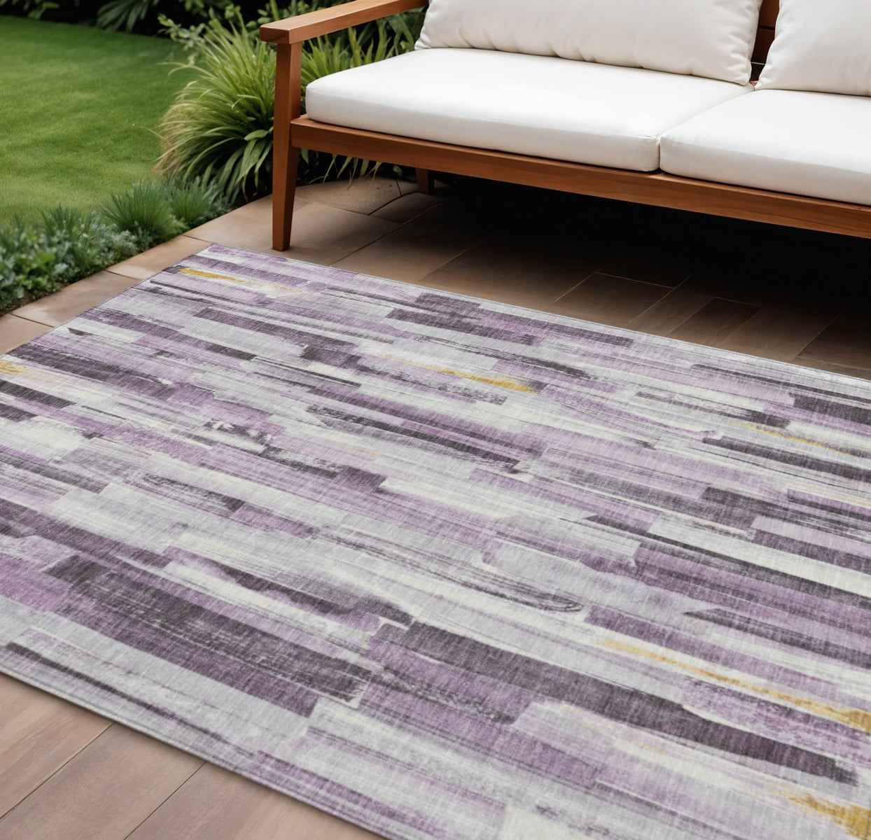 8' X 10' Lavender And Ivory Striped Washable Indoor Outdoor Area Rug