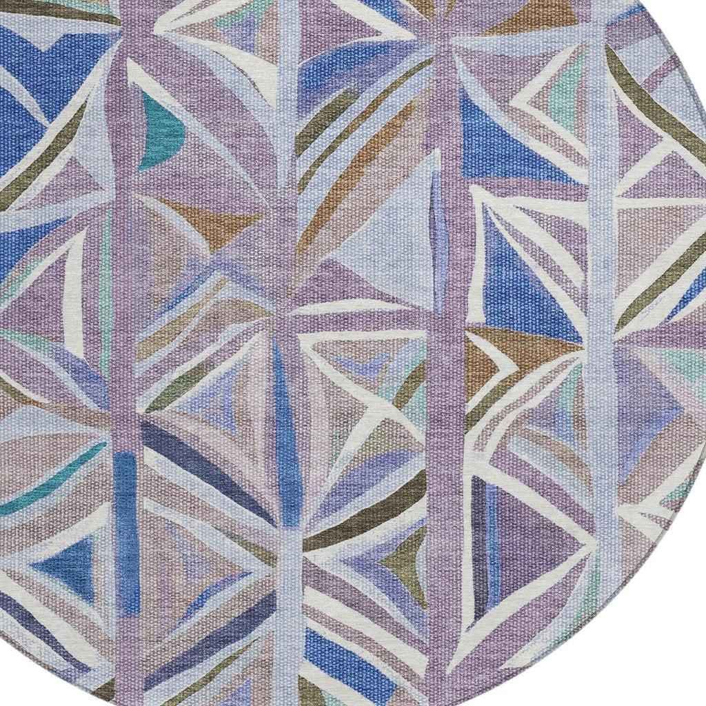 8' Lavender Ivory And Blue Round Geometric Washable Indoor Outdoor Area Rug