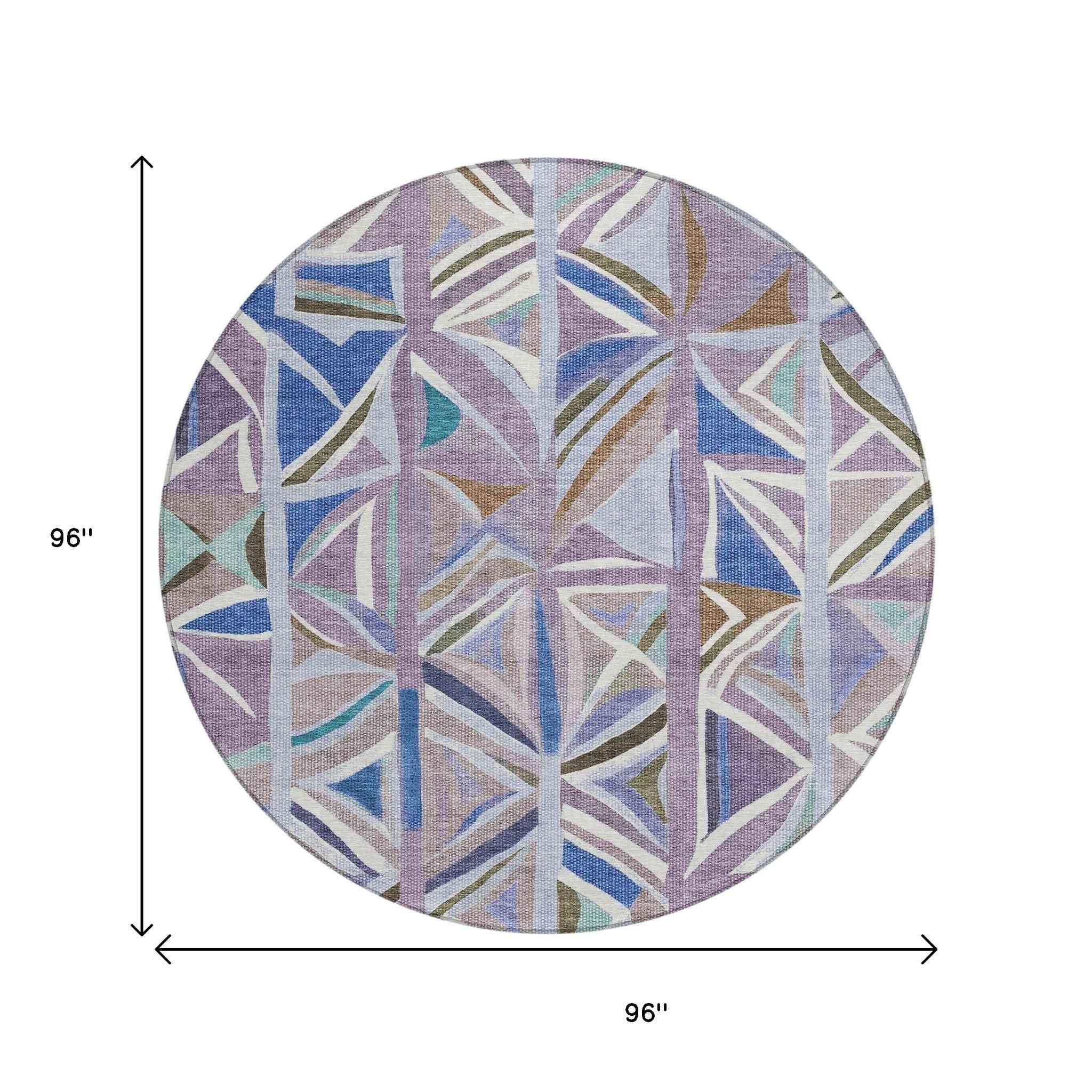 8' Lavender Ivory And Blue Round Geometric Washable Indoor Outdoor Area Rug