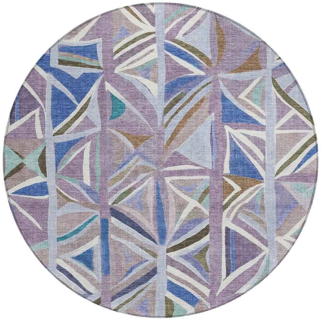 8' Lavender Ivory And Blue Round Geometric Washable Indoor Outdoor Area Rug