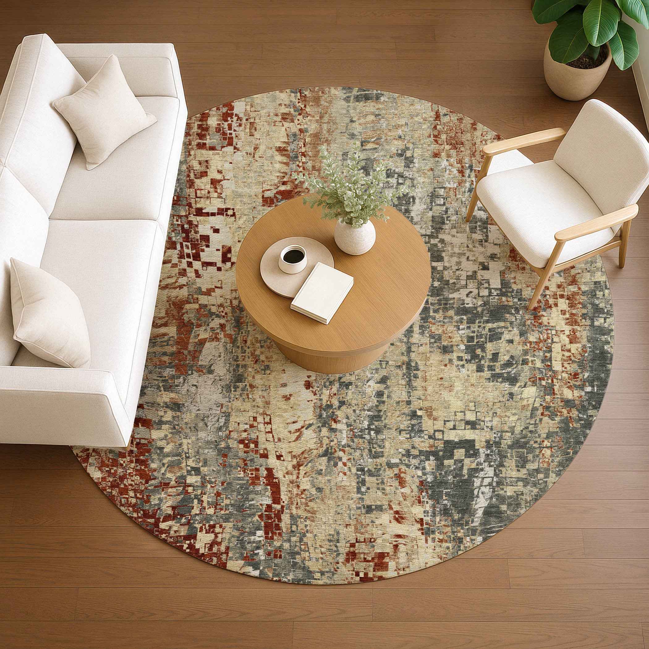 8' Pewter Rust And Gray Round Abstract Washable Indoor Outdoor Area Rug