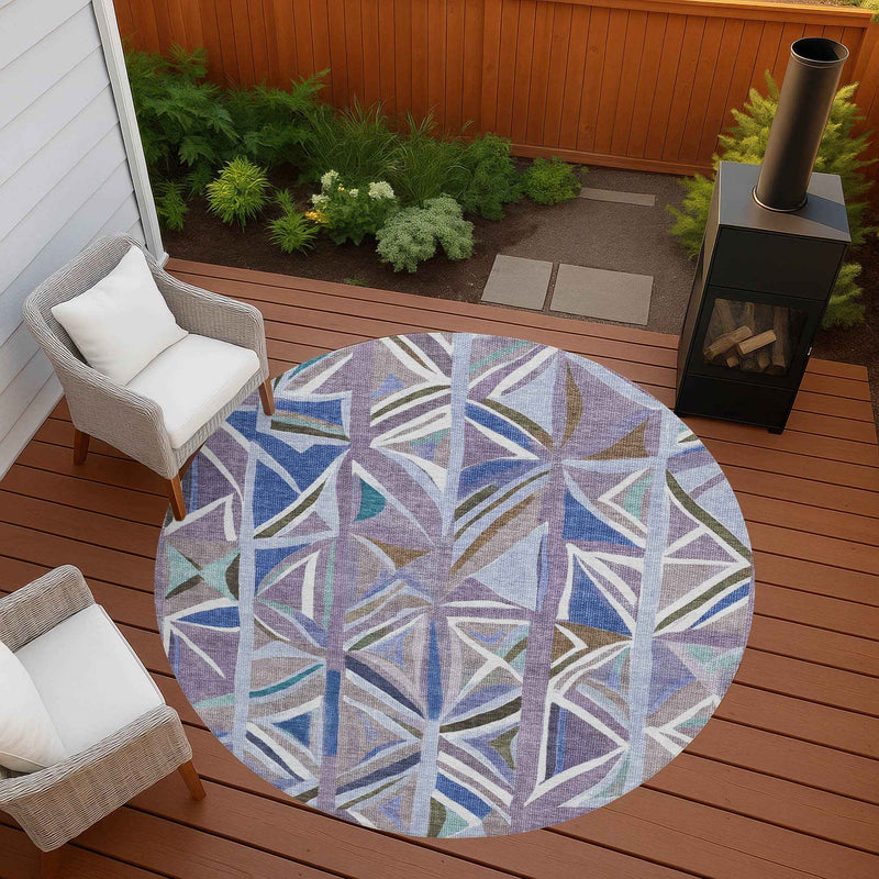 8' Lavender Ivory And Blue Round Geometric Washable Indoor Outdoor Area Rug