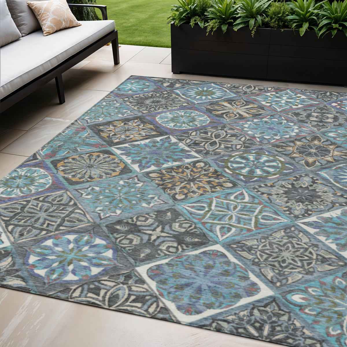 5' X 8' Teal Blue And Ivory Patchwork Washable Indoor Outdoor Area Rug