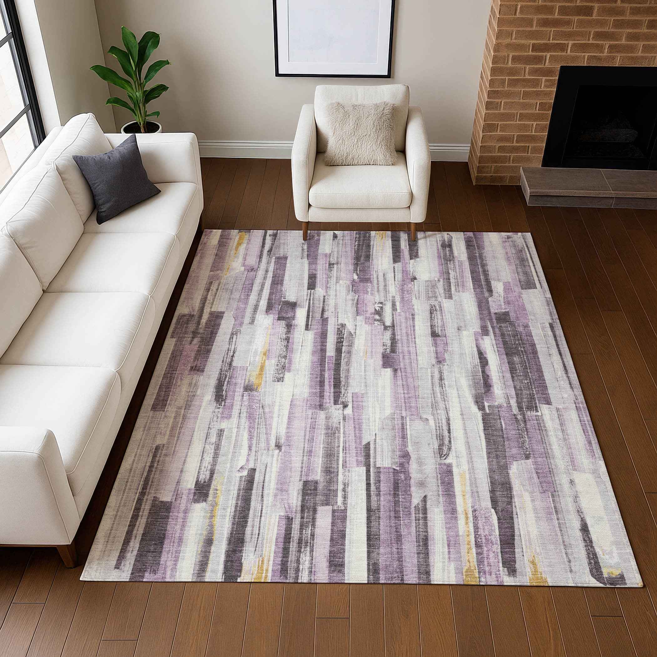 8' X 10' Lavender And Ivory Striped Washable Indoor Outdoor Area Rug