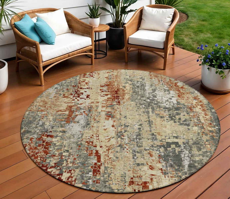 8' Pewter Rust And Gray Round Abstract Washable Indoor Outdoor Area Rug