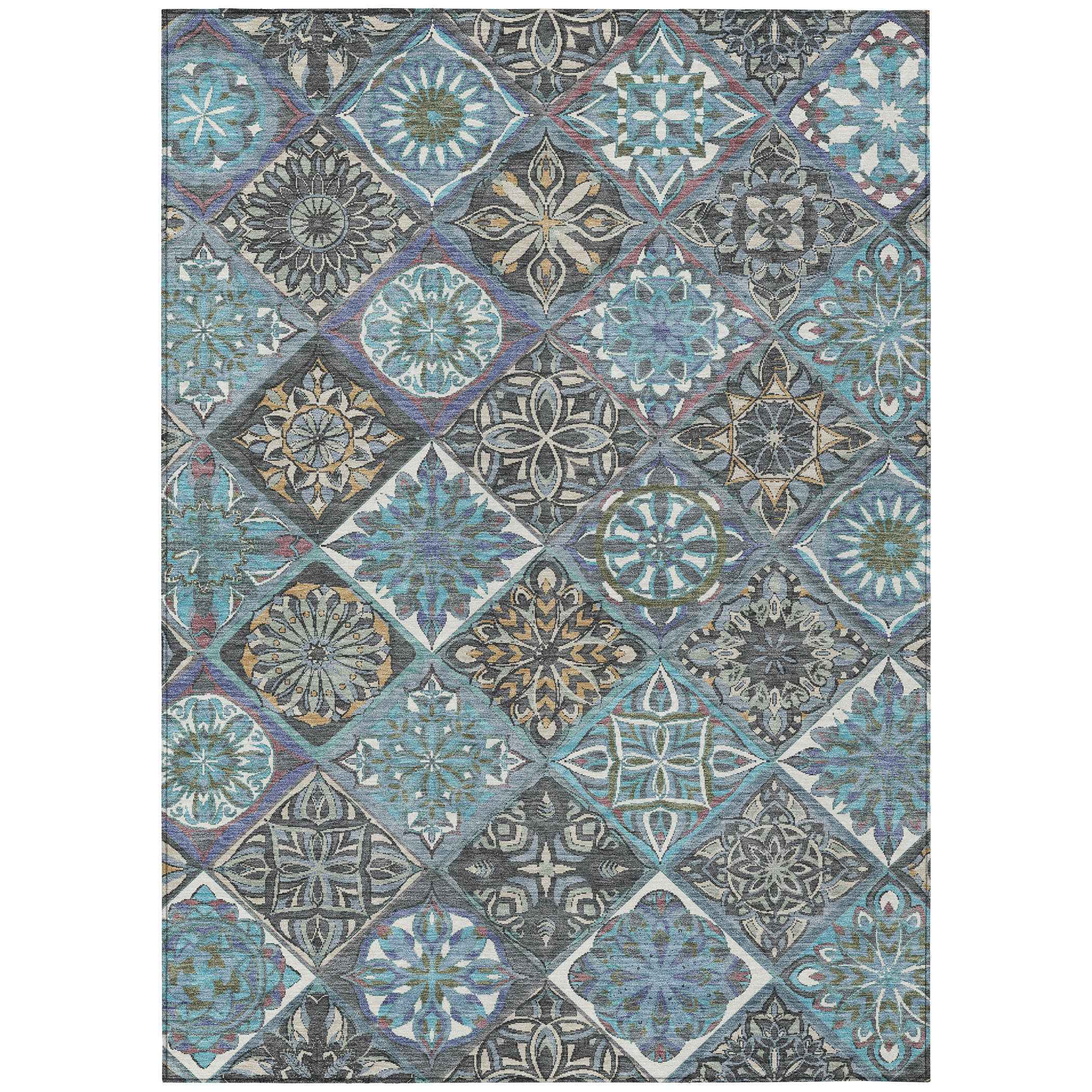 5' X 8' Teal Blue And Ivory Patchwork Washable Indoor Outdoor Area Rug