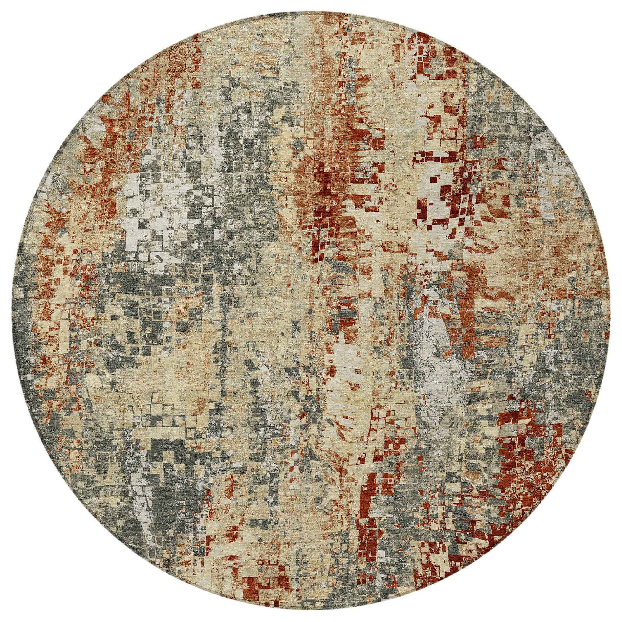 8' Pewter Rust And Gray Round Abstract Washable Indoor Outdoor Area Rug