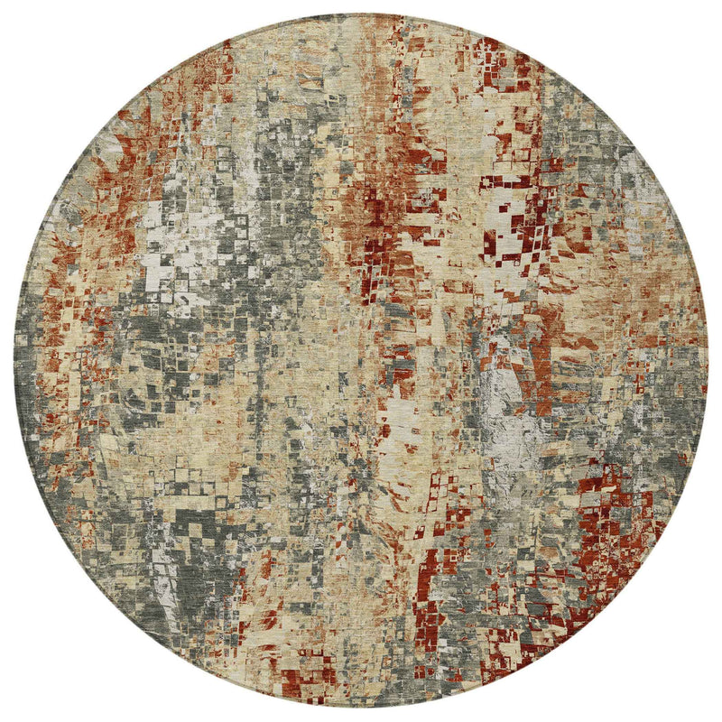 8' Pewter Rust And Gray Round Abstract Washable Indoor Outdoor Area Rug