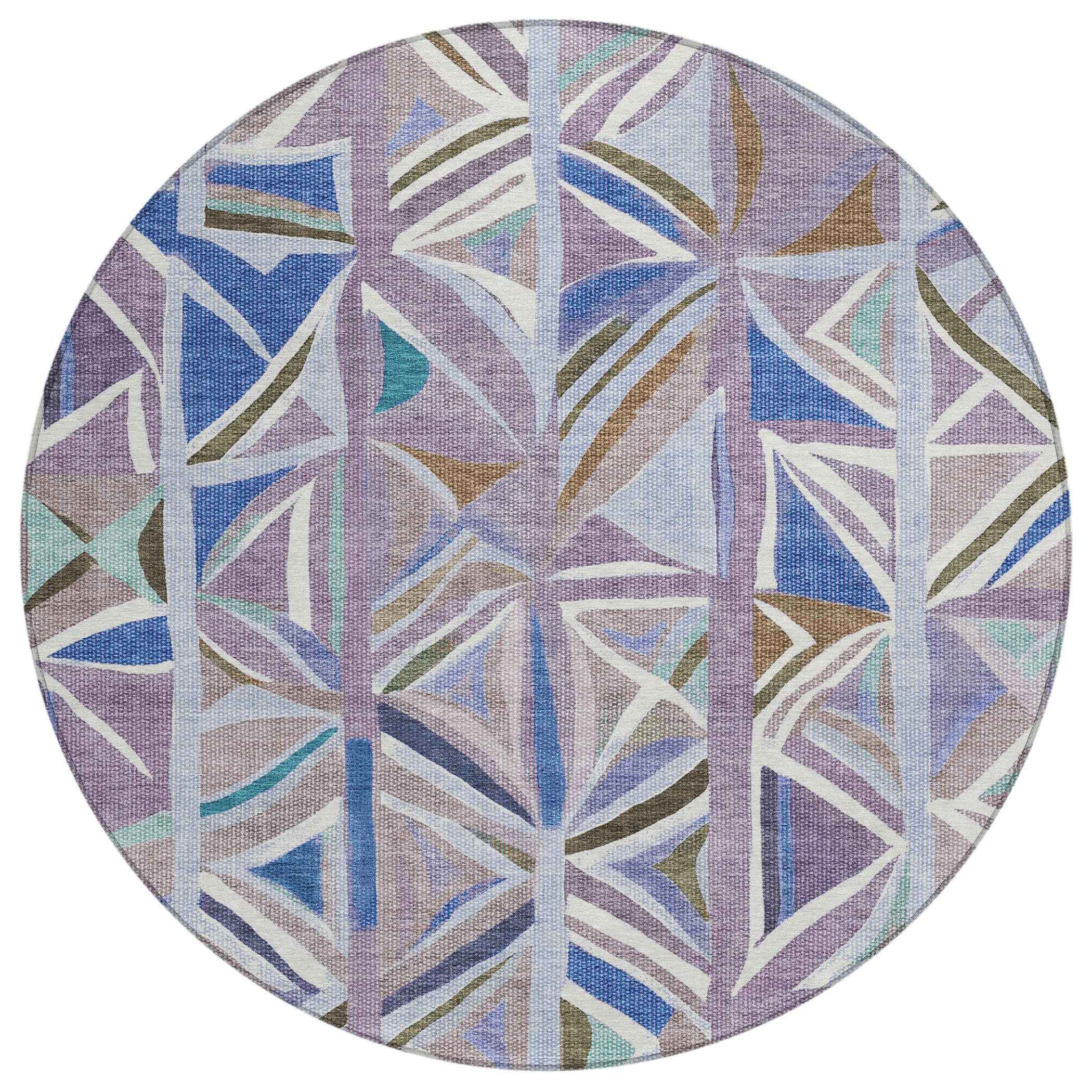 8' Lavender Ivory And Blue Round Geometric Washable Indoor Outdoor Area Rug