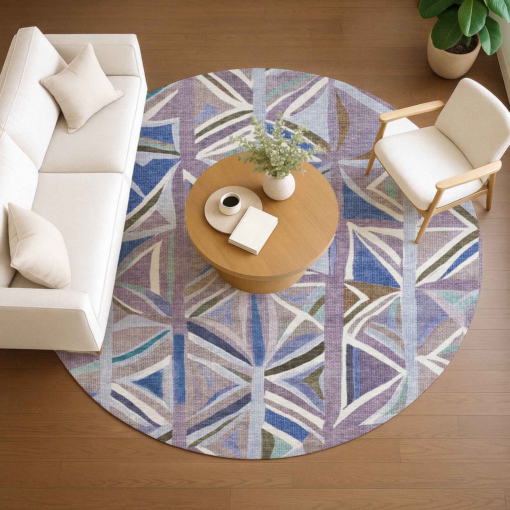 8' Lavender Ivory And Blue Round Geometric Washable Indoor Outdoor Area Rug
