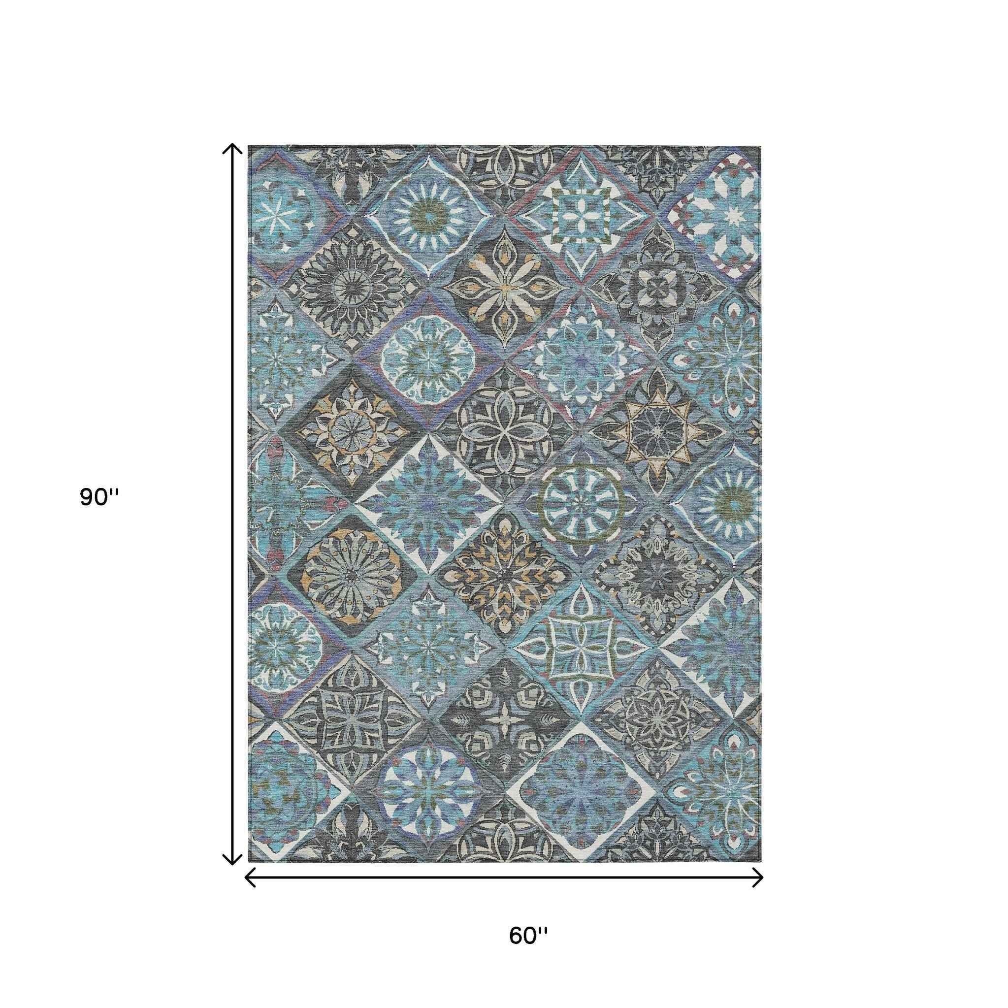5' X 8' Teal Blue And Ivory Patchwork Washable Indoor Outdoor Area Rug