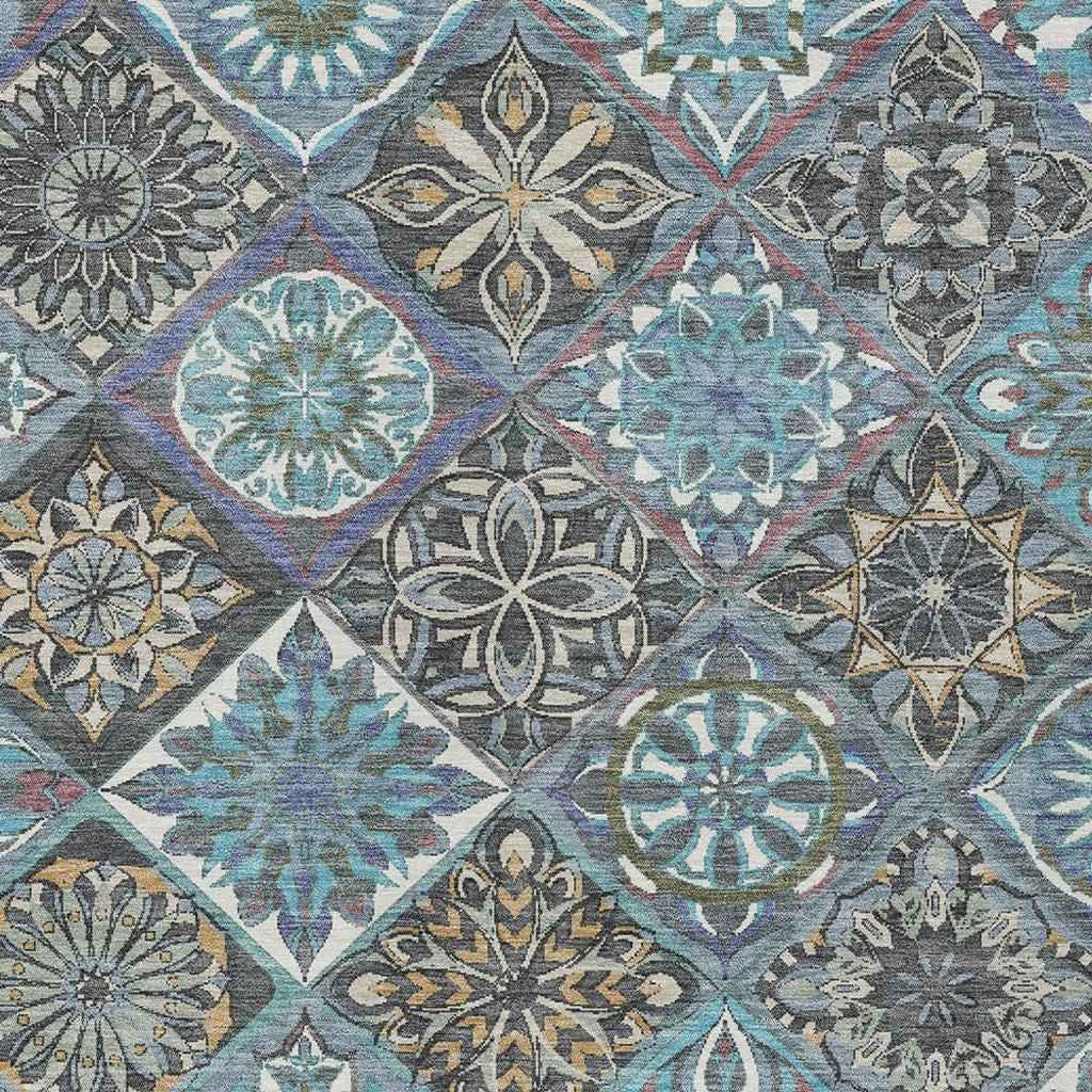 5' X 8' Teal Blue And Ivory Patchwork Washable Indoor Outdoor Area Rug