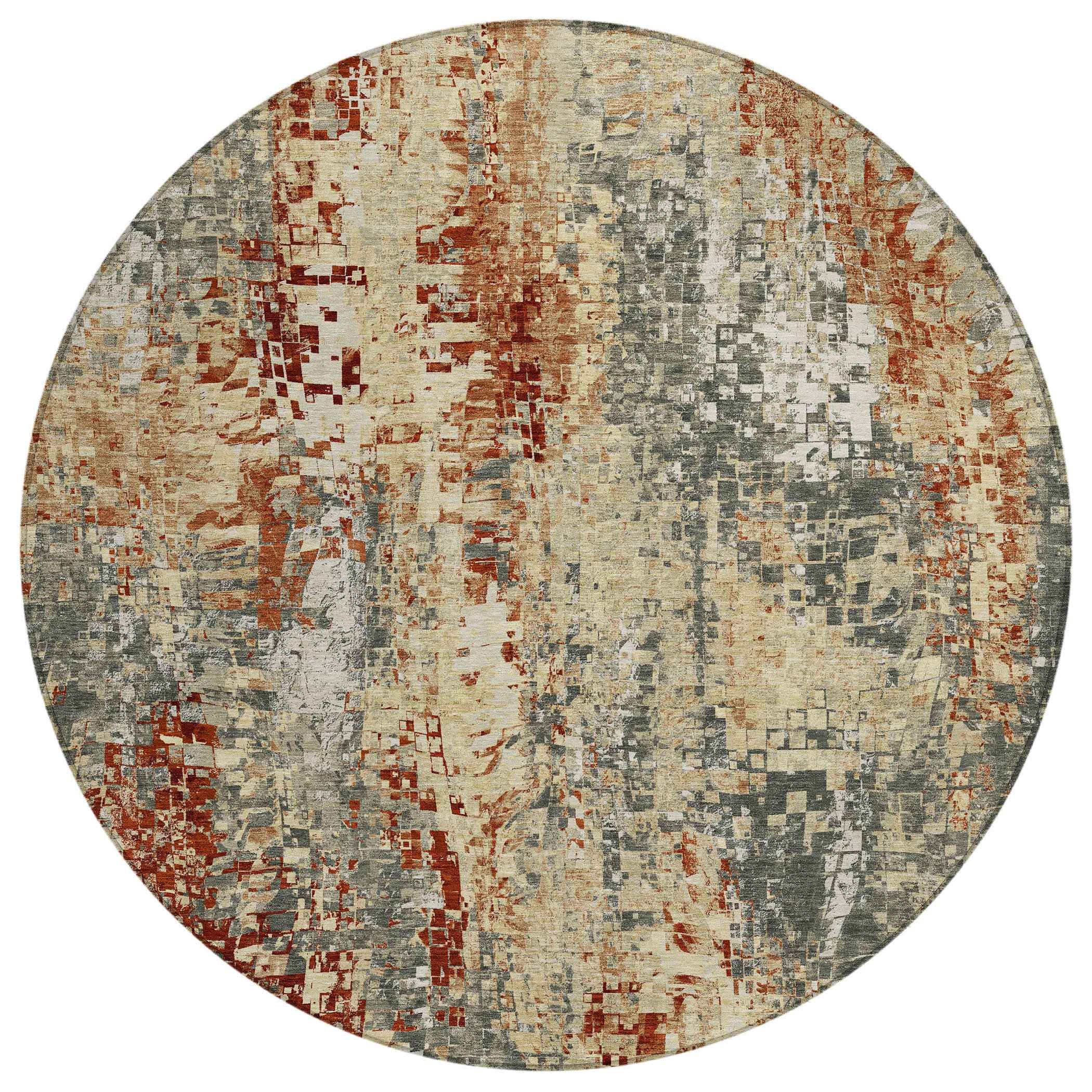 8' Pewter Rust And Gray Round Abstract Washable Indoor Outdoor Area Rug