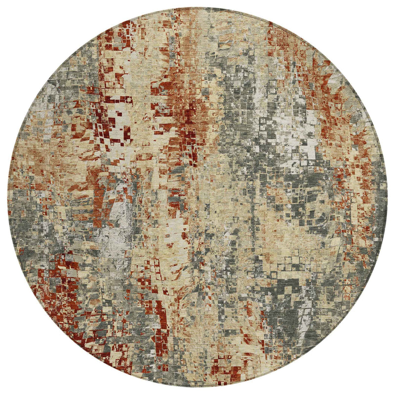8' Pewter Rust And Gray Round Abstract Washable Indoor Outdoor Area Rug