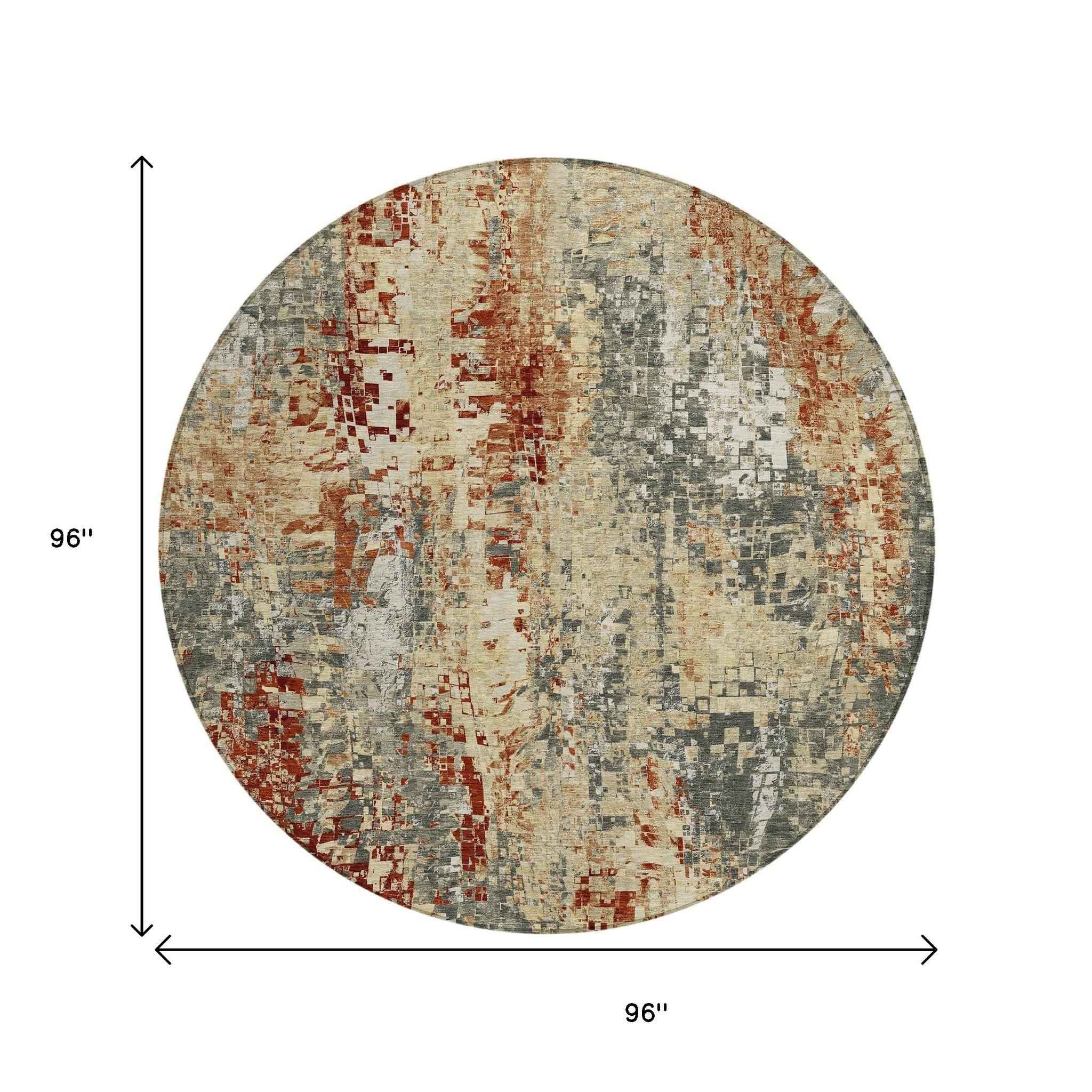 8' Pewter Rust And Gray Round Abstract Washable Indoor Outdoor Area Rug