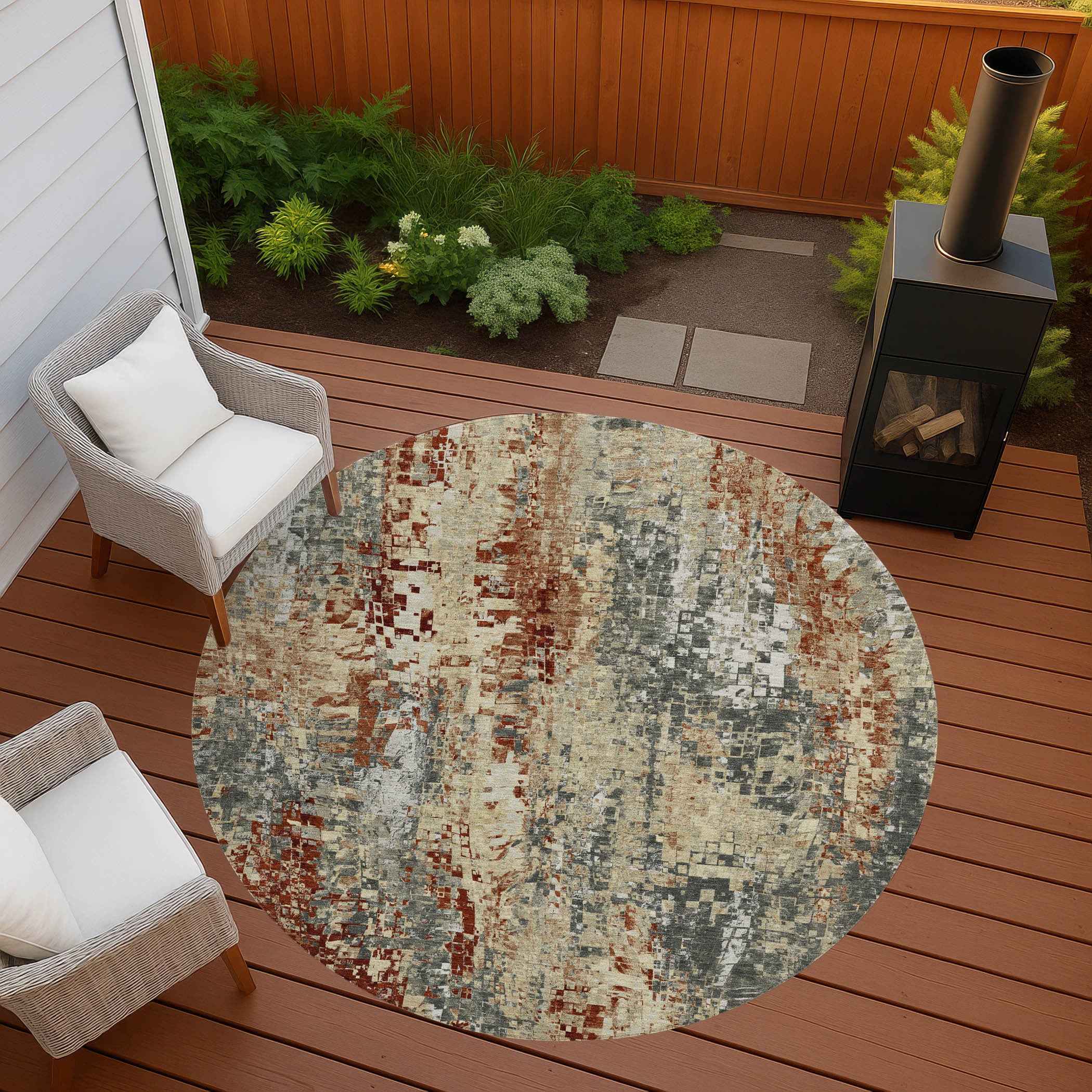 8' Pewter Rust And Gray Round Abstract Washable Indoor Outdoor Area Rug