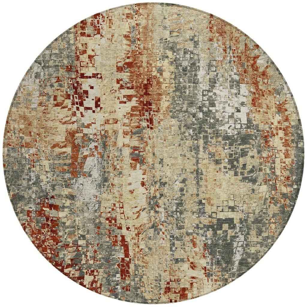 8' Pewter Rust And Gray Round Abstract Washable Indoor Outdoor Area Rug