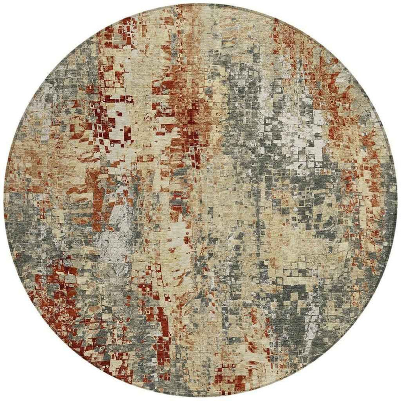 8' Pewter Rust And Gray Round Abstract Washable Indoor Outdoor Area Rug