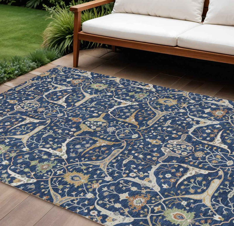 9' X 12' Navy Blue Ivory And Gold Floral Washable Indoor Outdoor Area Rug