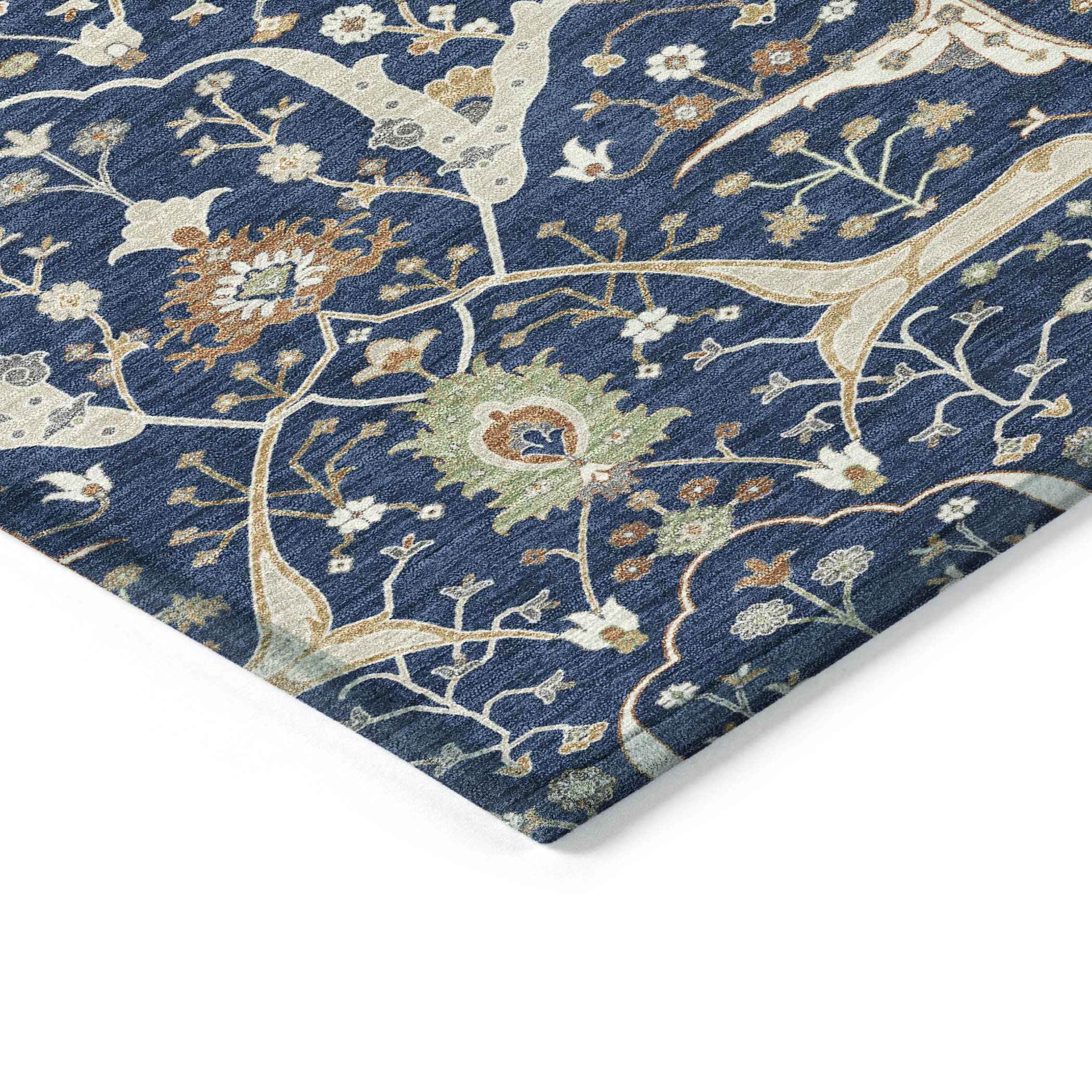 9' X 12' Navy Blue Ivory And Gold Floral Washable Indoor Outdoor Area Rug