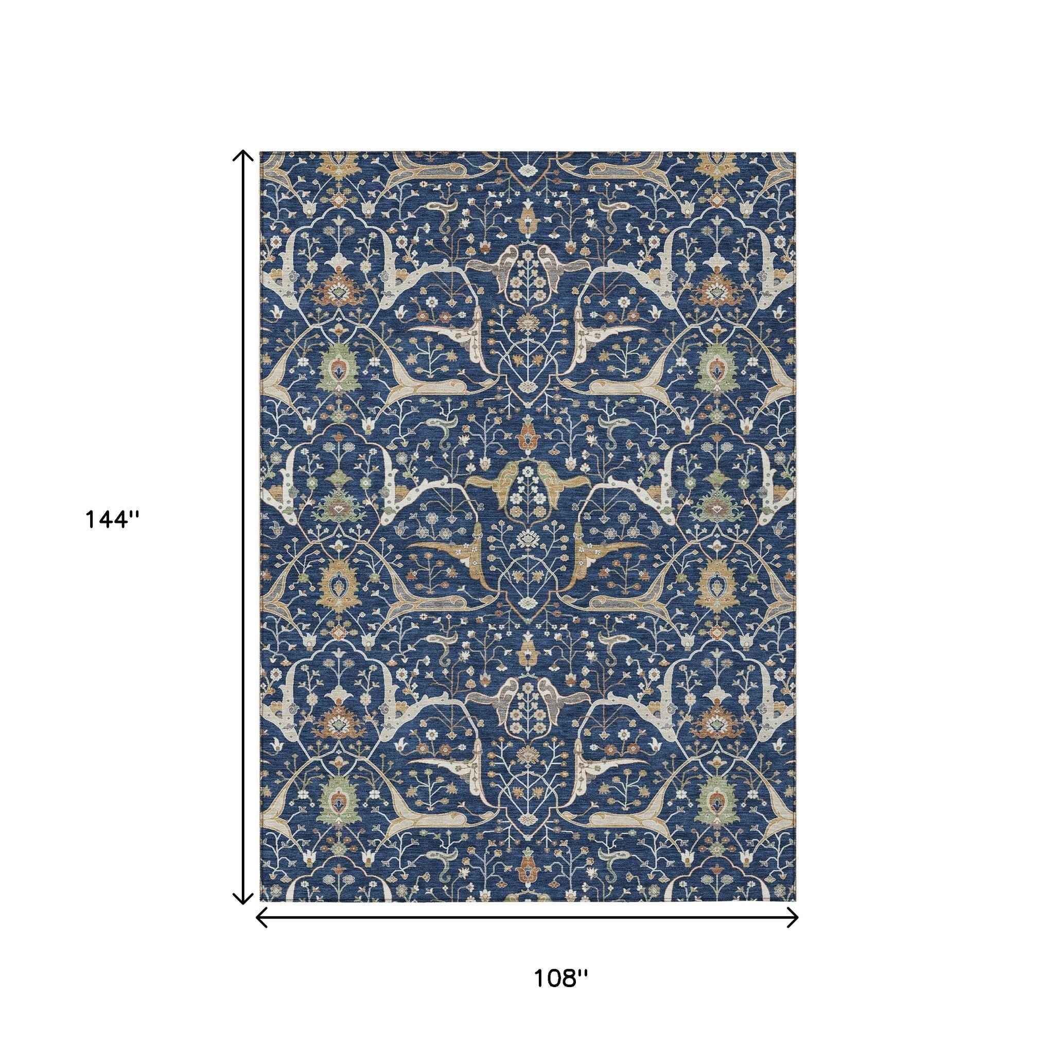 9' X 12' Navy Blue Ivory And Gold Floral Washable Indoor Outdoor Area Rug