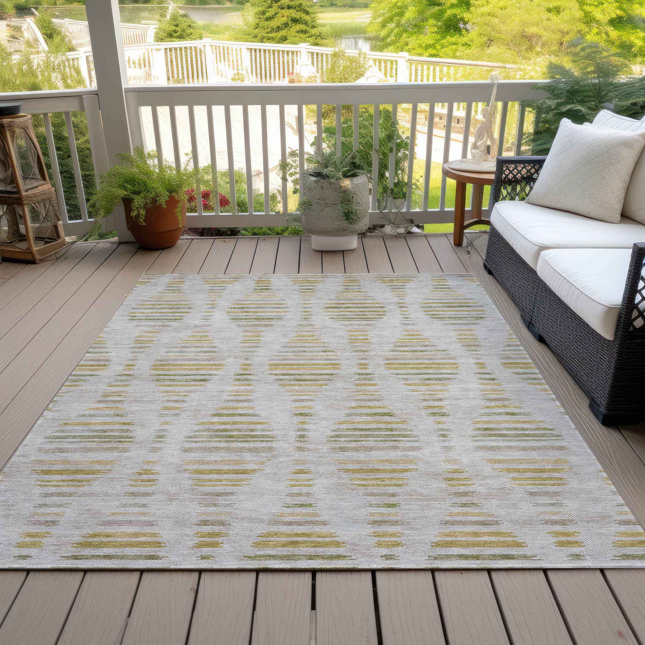 8' X 10' Ivory And Gold Striped Washable Indoor Outdoor Area Rug