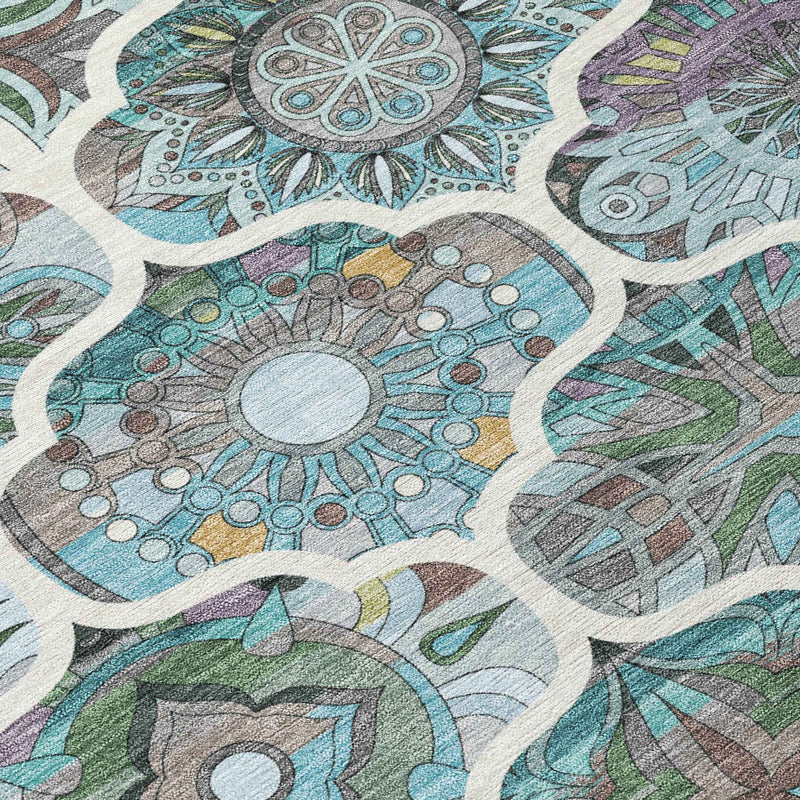 9' X 12' Teal Blue And Ivory Quatrefoil Washable Indoor Outdoor Area Rug