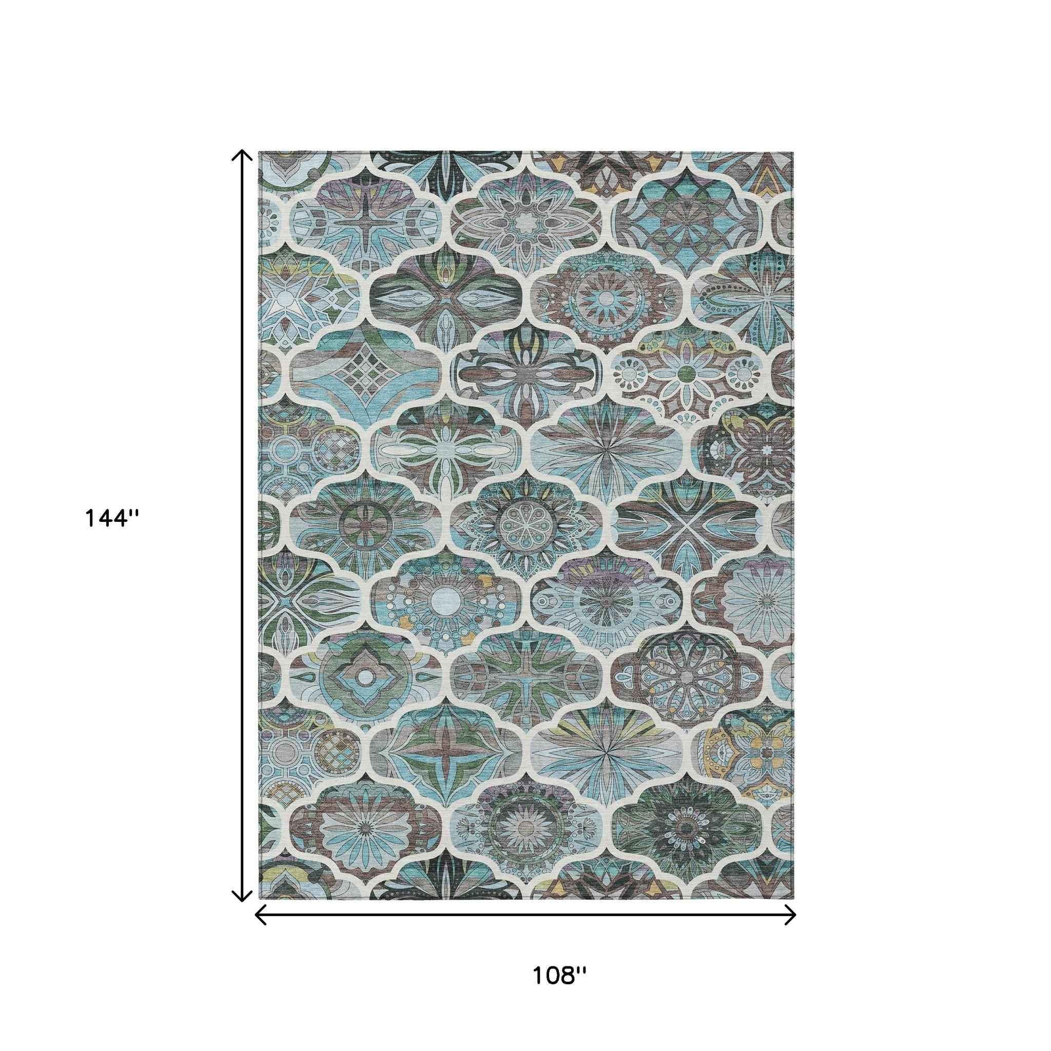 9' X 12' Teal Blue And Ivory Quatrefoil Washable Indoor Outdoor Area Rug